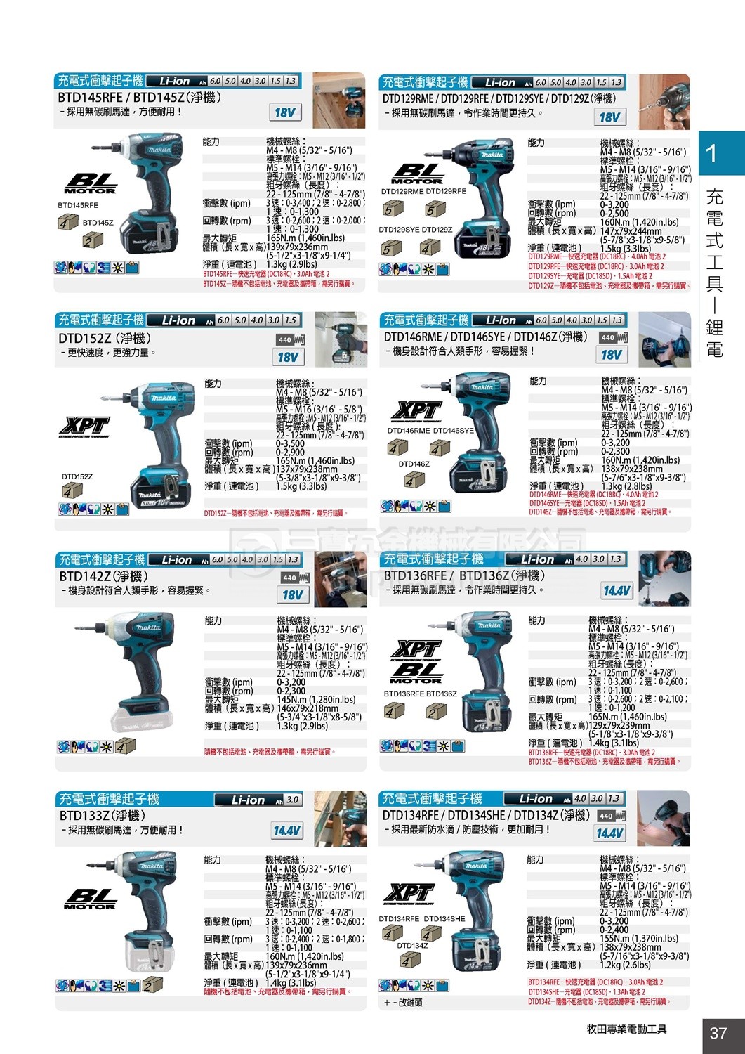 2017 Makita牧田 綜合目錄 (37) - 鋰電衝擊起子批 衝擊批
